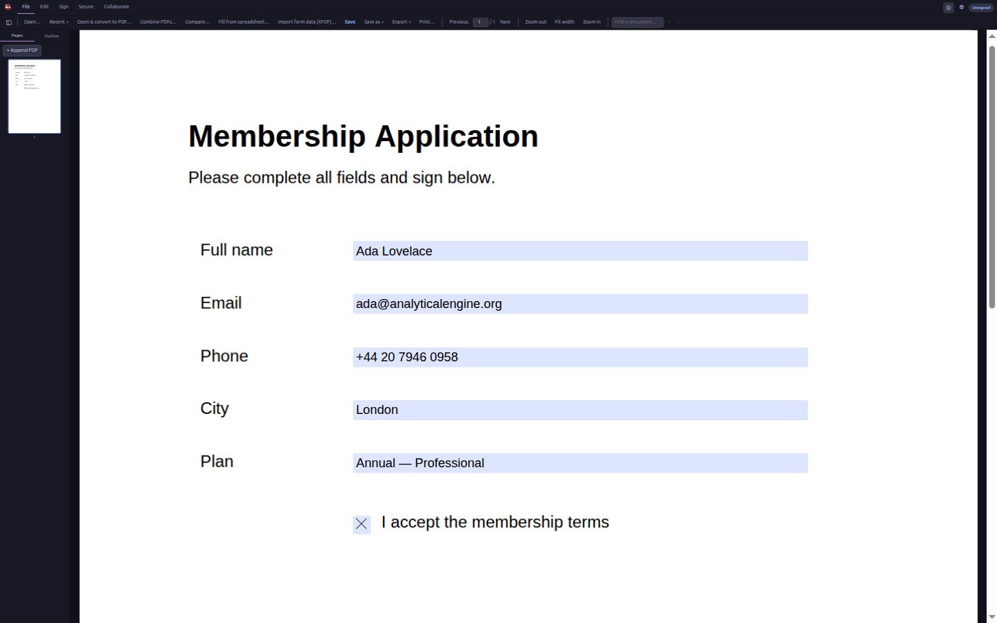 Nib filling a membership application — every field is a real, editable form field.