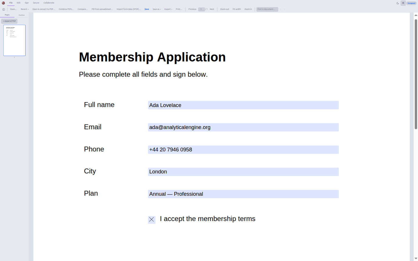 Nib filling a membership application — every field is a real, editable form field.