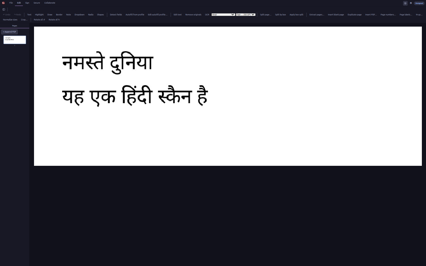 Nib running OCR on a Hindi scan, with a language picker that covers 41 languages.