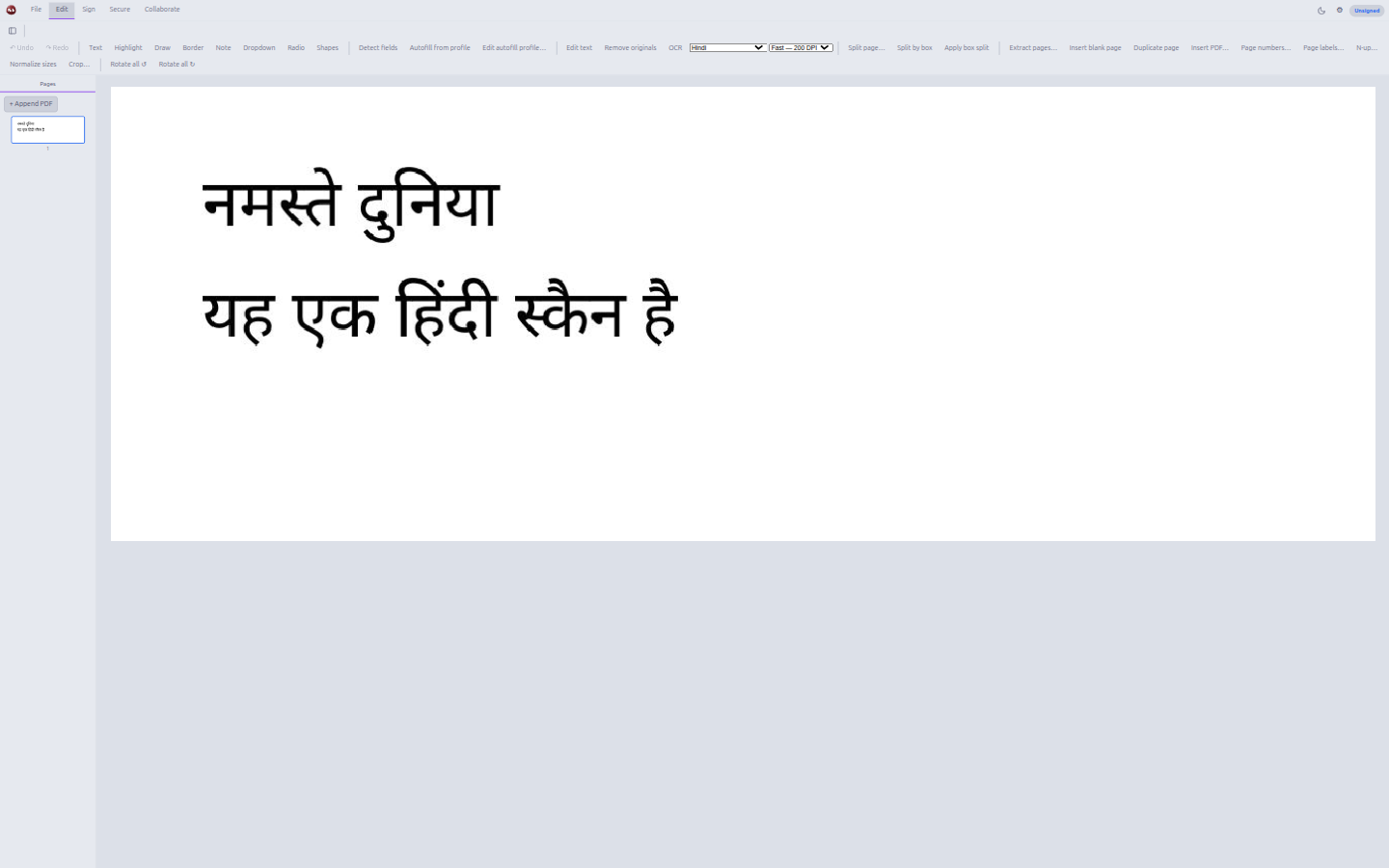 Nib running OCR on a Hindi scan, with a language picker that covers 41 languages.