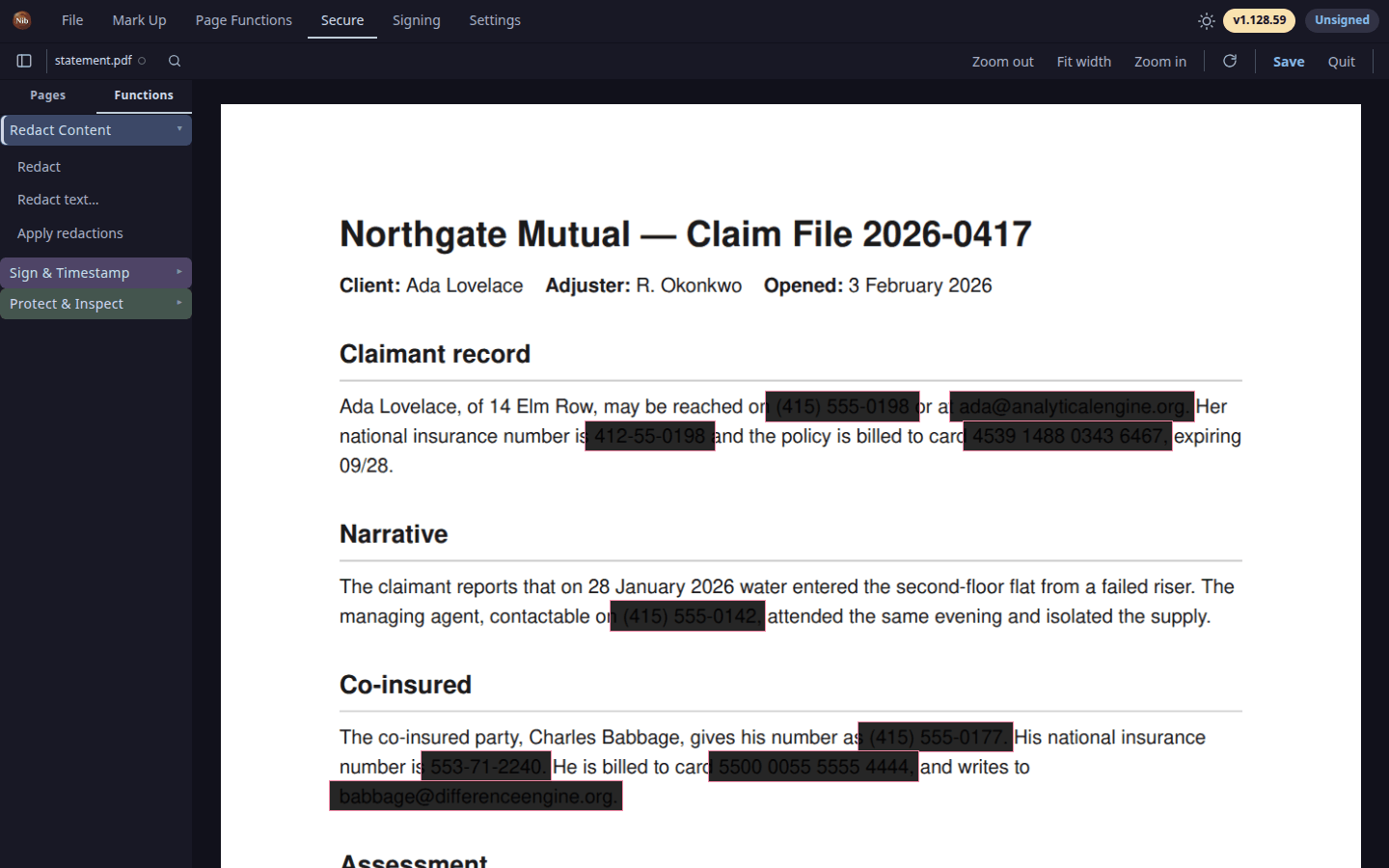 A claim file with every social security number, phone number, email address and card number marked as a redaction box — Apply redactions still waiting in the sidebar.