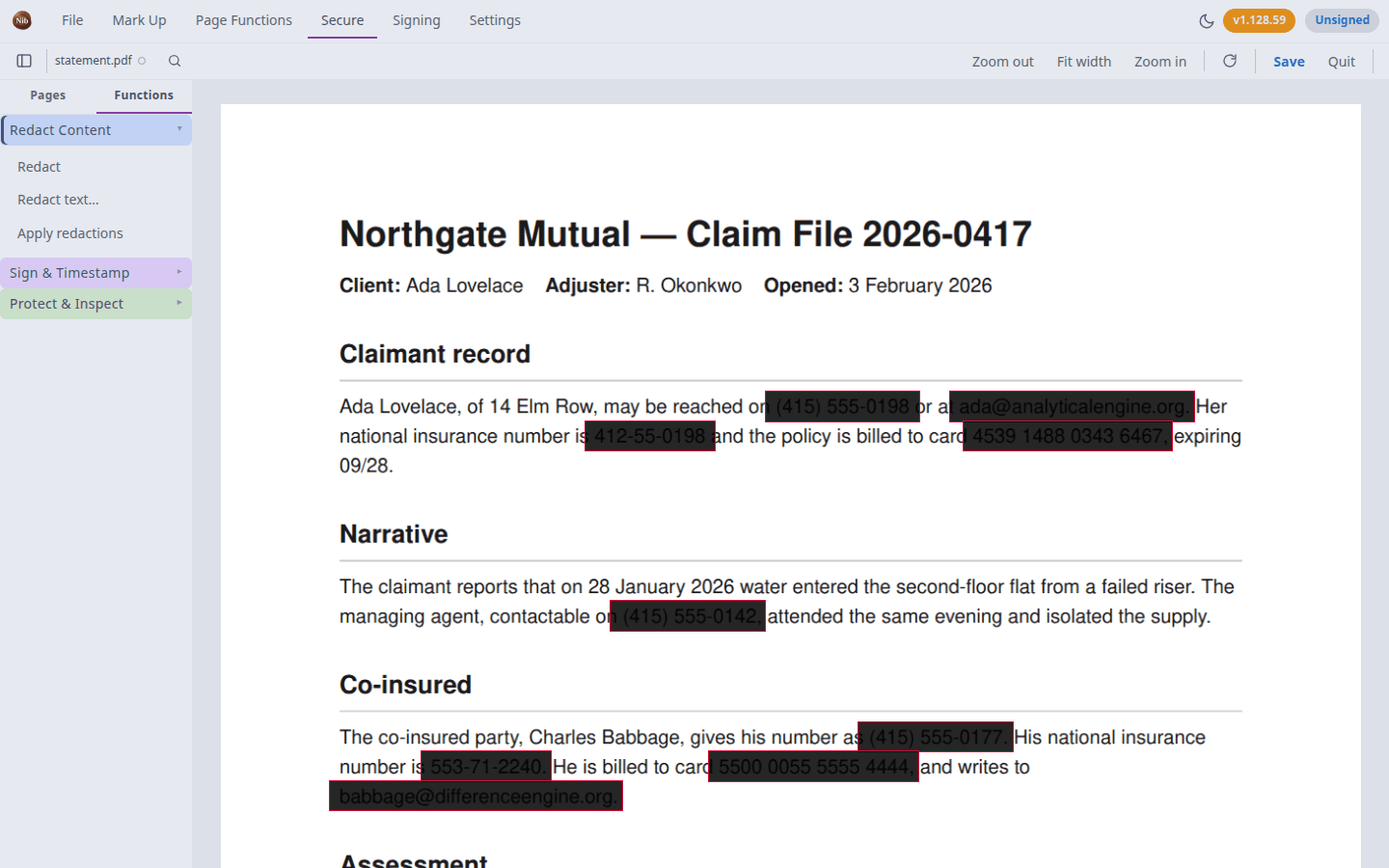 A claim file with every social security number, phone number, email address and card number marked as a redaction box — Apply redactions still waiting in the sidebar.